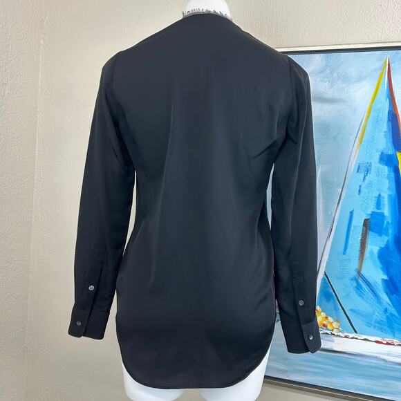 Theory Blouse Black silk Long Sleeve with eyelash lace trim V-neck Small Petite - Picture 3 of 5